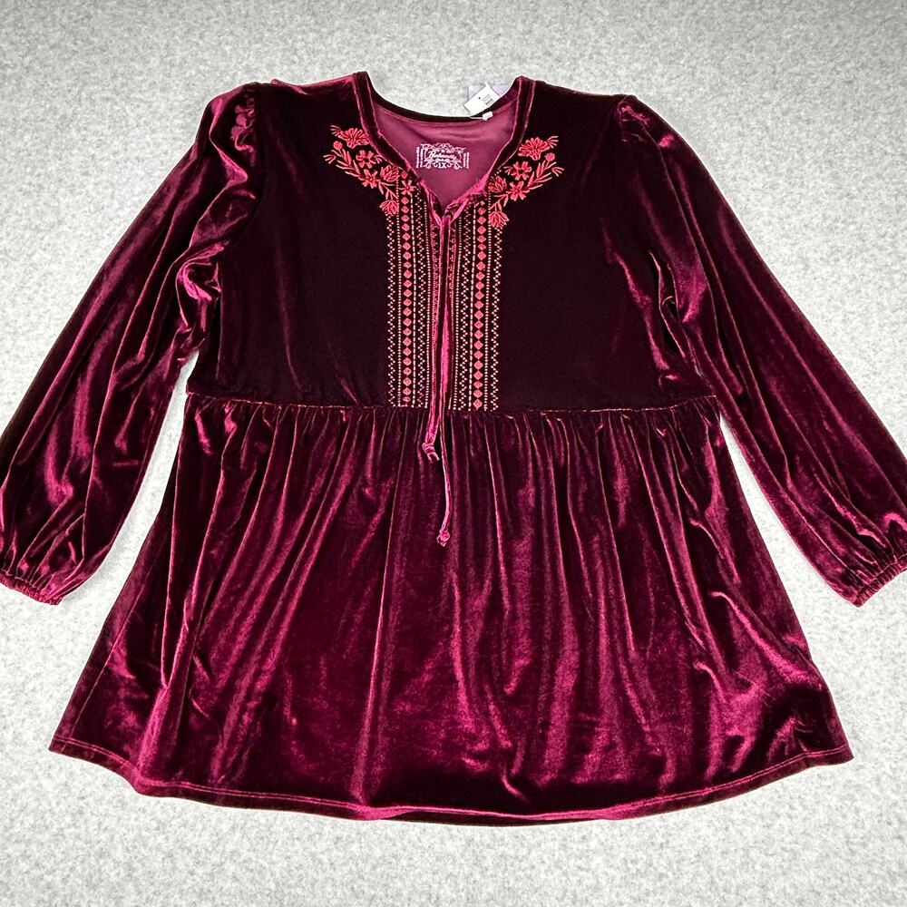 Panhandle Velvet Burgundy Top Women 1X Embroidered NEW Babydoll Fairy Whimsygoth - Picture 8 of 8